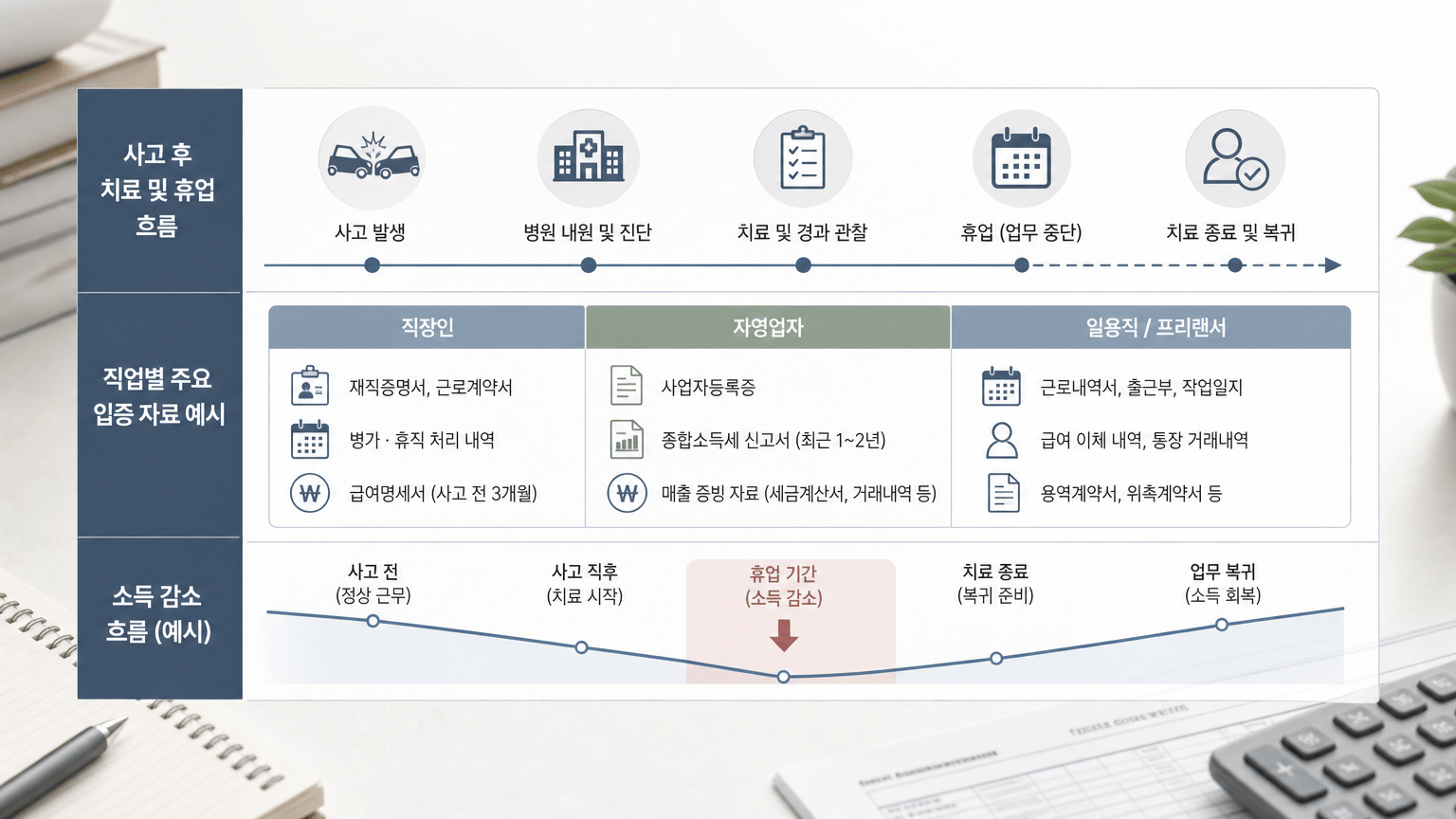 AI 생성 이미지 - 사고 후 치료 일정표, 병가 일정, 소득 감소 흐름을 한눈에 보여주는 표