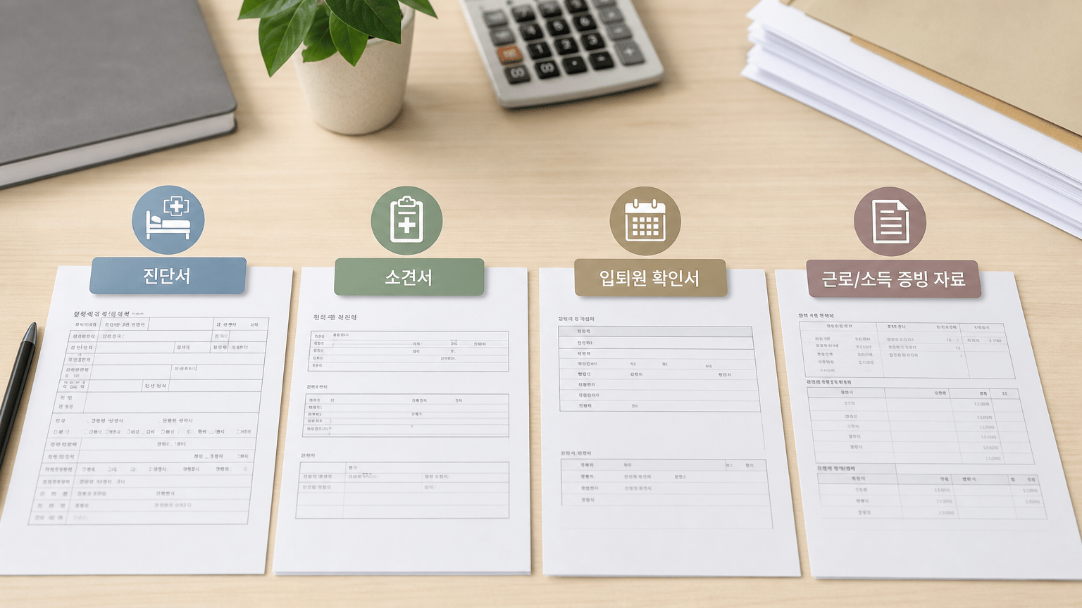 AI 생성 이미지 - 진단서, 소견서, 입퇴원 확인서 등 서류 종류를 구분한 예시 이미지를 넣