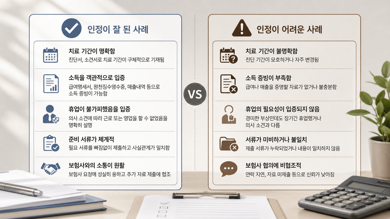 AI 생성 이미지 - ‘인정이 잘 된 사례’와 ‘인정이 어려운 사례’를 비교한 체크리스트 이미