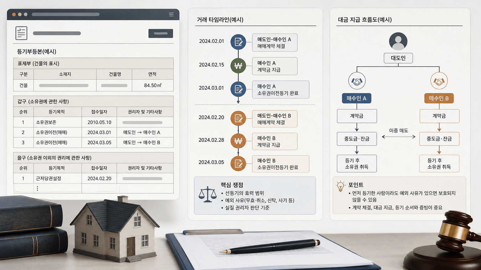 AI 생성 이미지 - 등기부등본 발급 화면, 거래 타임라인 도식, 대금 지급 흐름표를 함께 배