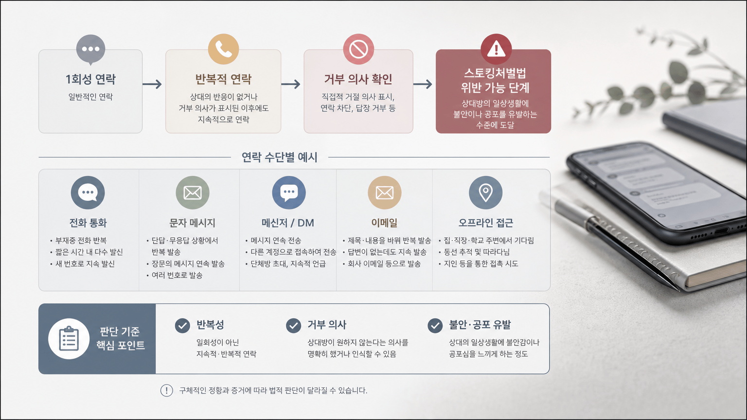 AI 생성 이미지 - 연락 수단별 예시를 설명하는 인포그래픽이나, 반복 연락의 위험 신호를 정