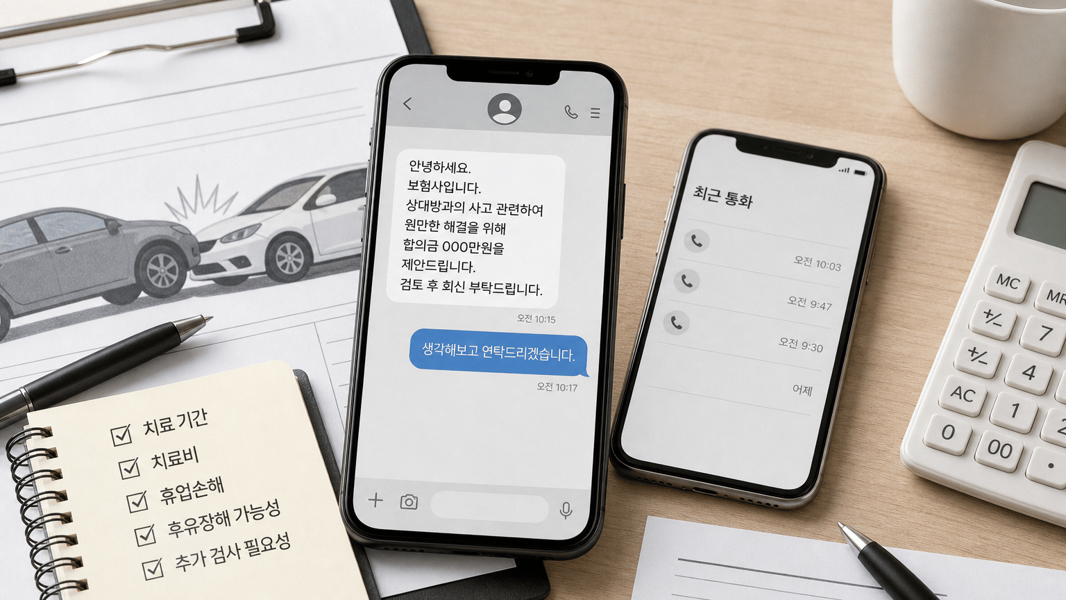 AI 생성 이미지 - 보험사 문자, 통화 기록 화면, 합의 제안 메시지 예시를 넣으면 독자가