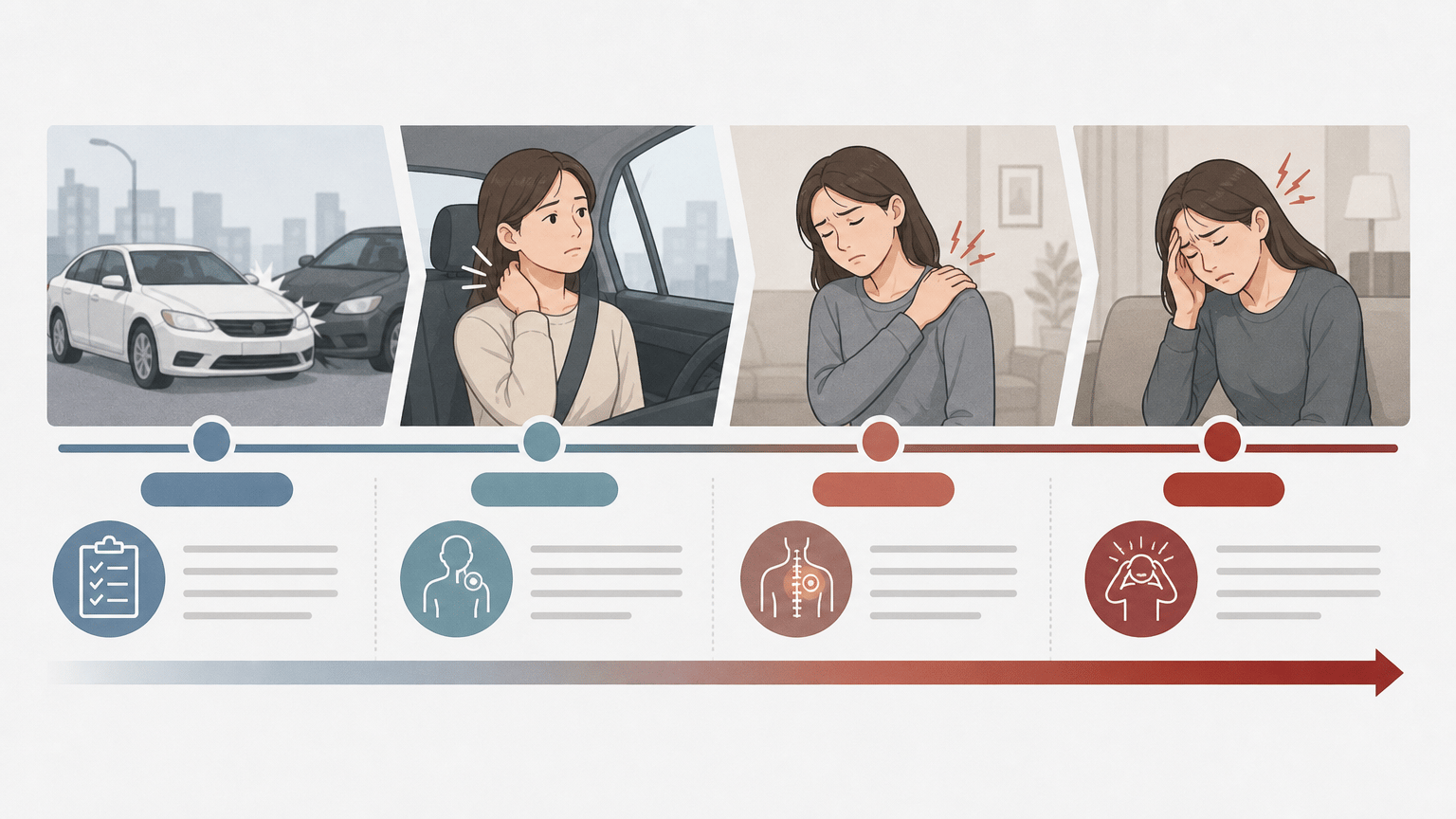AI 생성 이미지 - 사고 직후에는 괜찮았지만 시간이 지나 통증이 심해지는 흐름을 타임라인 이