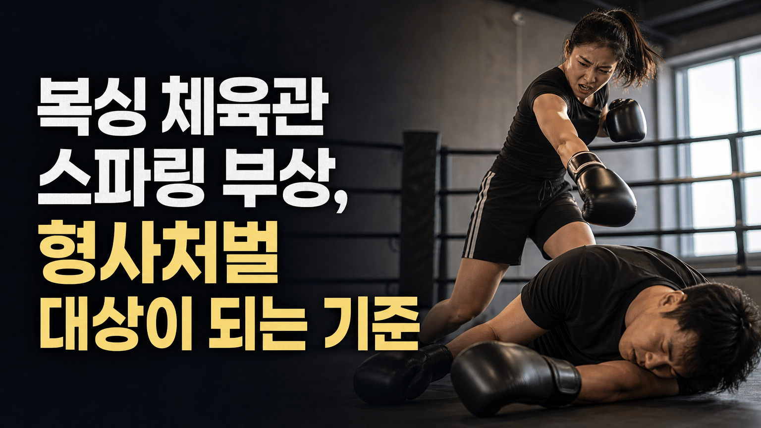 여자가 복싱 글러브를 끼고 강력한 펀치를 날려서 남자가 쓰러져 있는 모습을 시각화한 대표 이미지