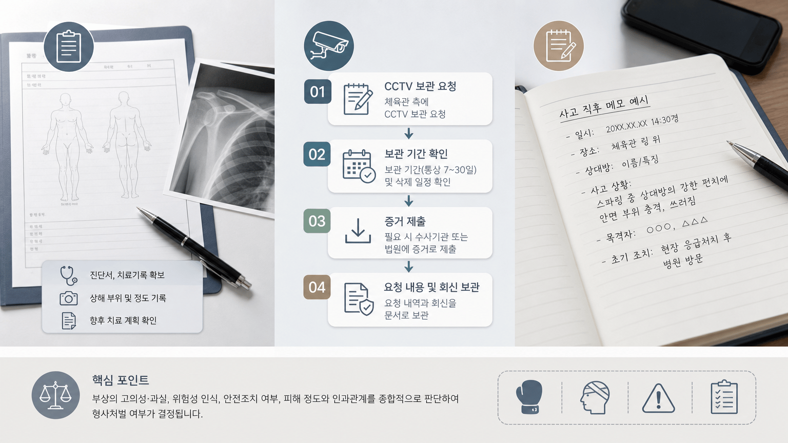 AI 생성 이미지 - 진단서 일부 예시, CCTV 확인 요청 절차를 설명하는 도식, 사고 직후