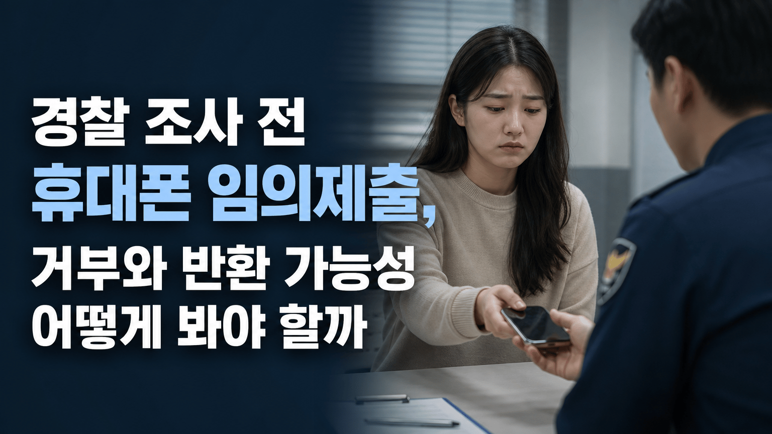 수치스러운 표정을 짓고 있는 여자가 경찰에게 휴대폰을 넘기는 모습을 시각화한 대표 이미지