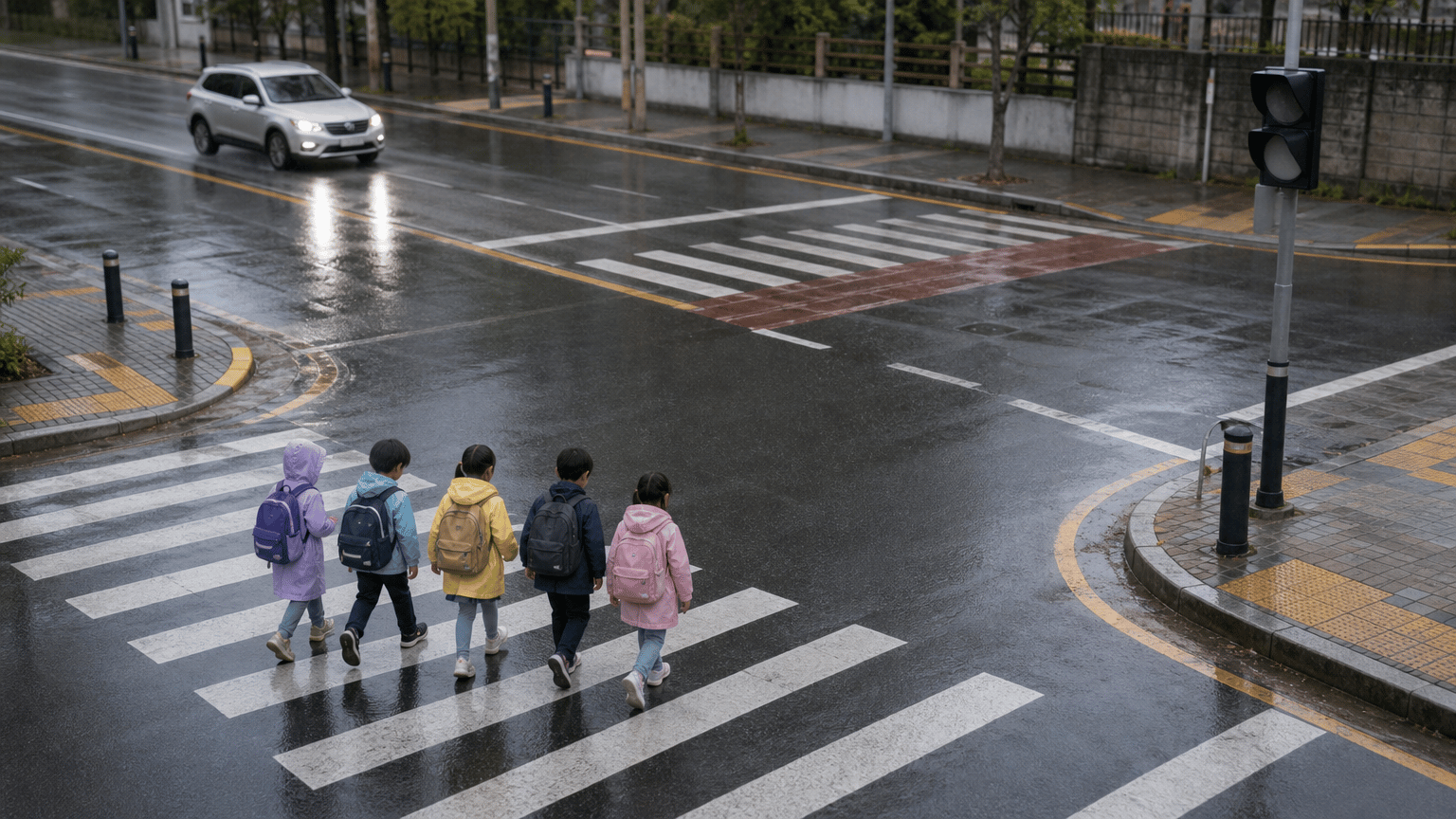 AI 생성 이미지 - 교차로, 횡단보도, 골목길 구조를 보여주는 현장 사진이나 약도를 넣으면
