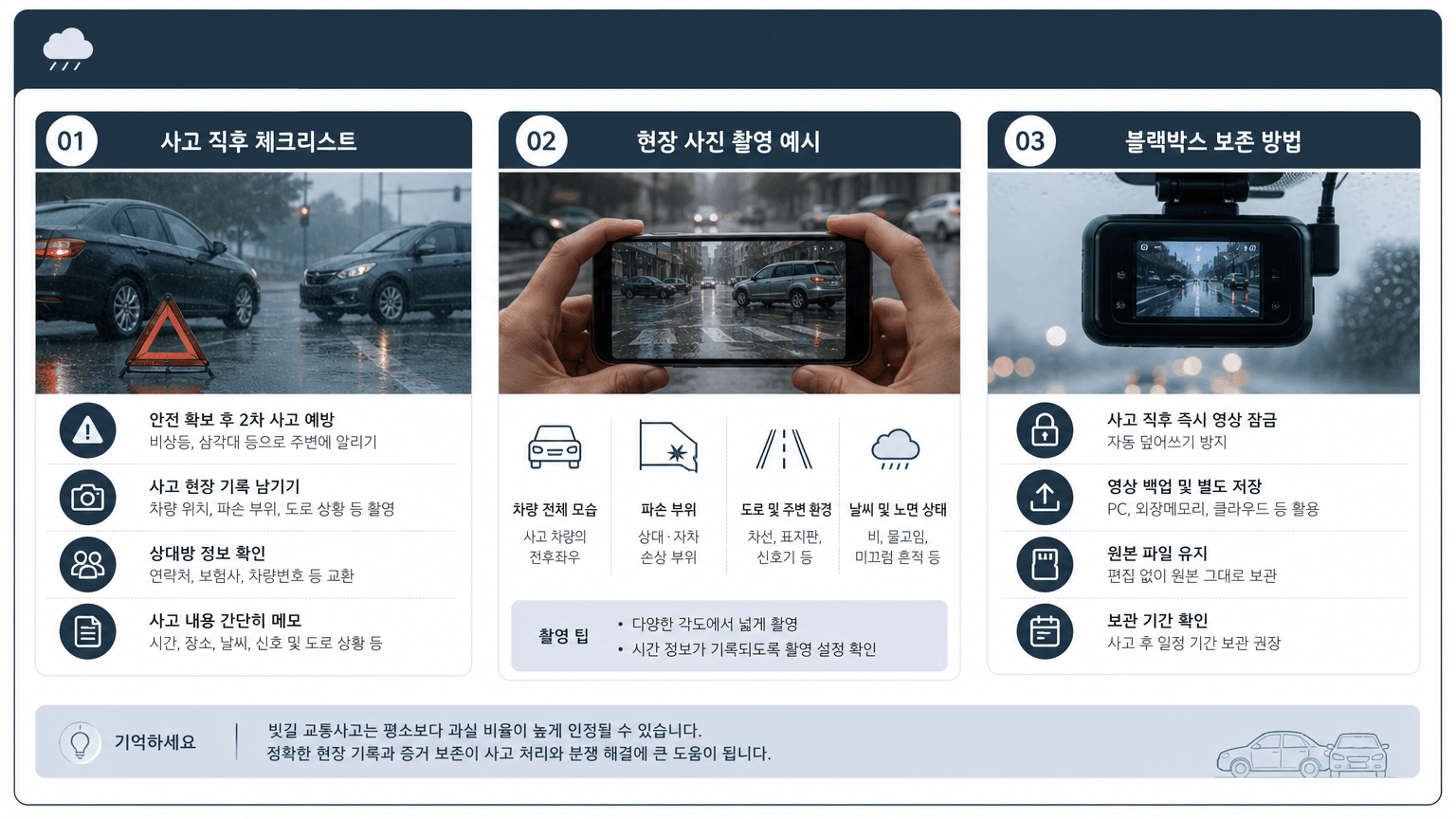 사고 직후 체크리스트, 현장 사진 촬영 예시, 블랙박스 보존 방법을 카드뉴스 형식 이미지로 정리하면 공유성과 가독성이 높아집니다.