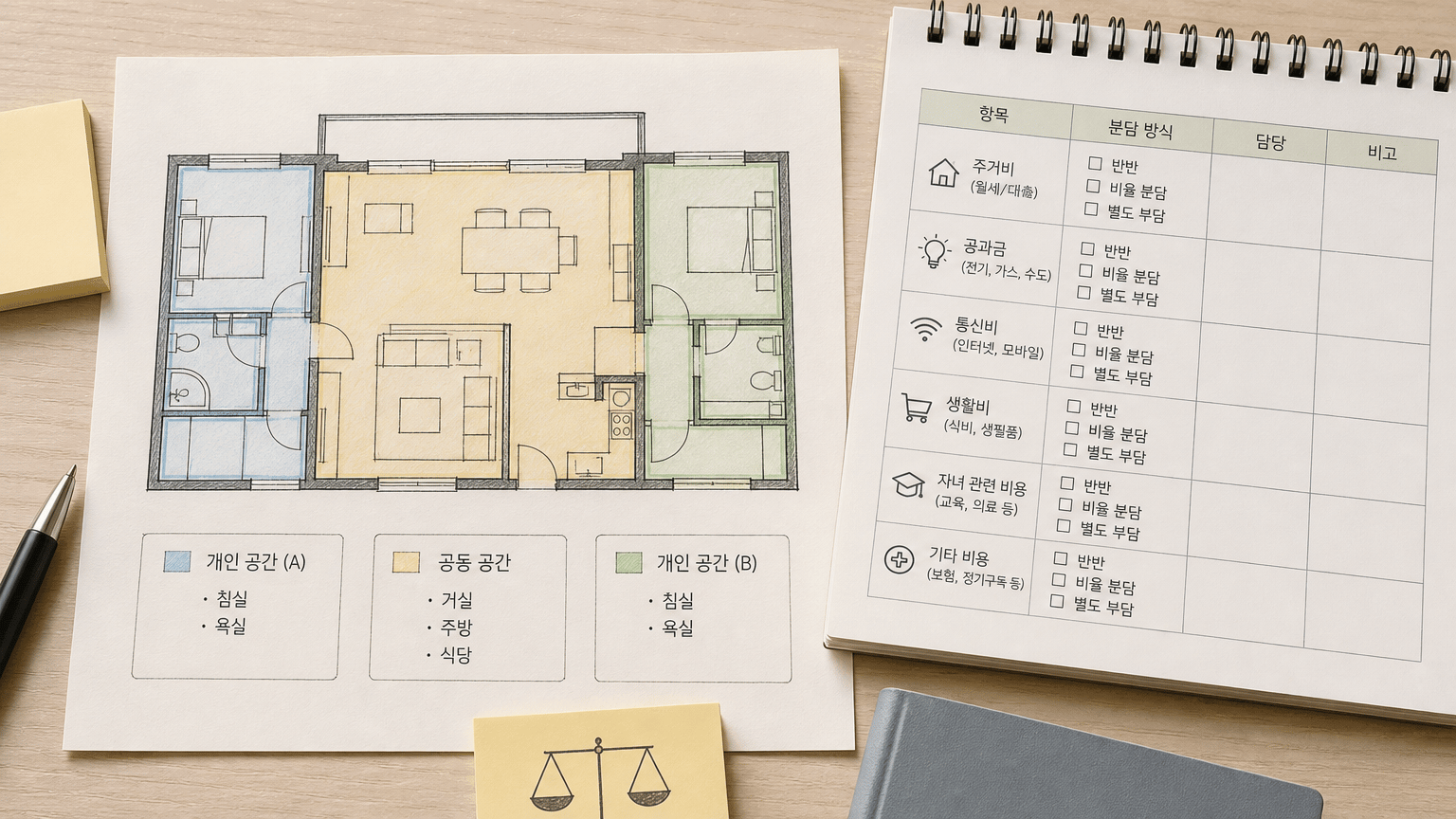 AI 생성 이미지 - 공동공간과 개인공간을 구분한 간단한 평면 메모 예시, 생활비 항목 체크표