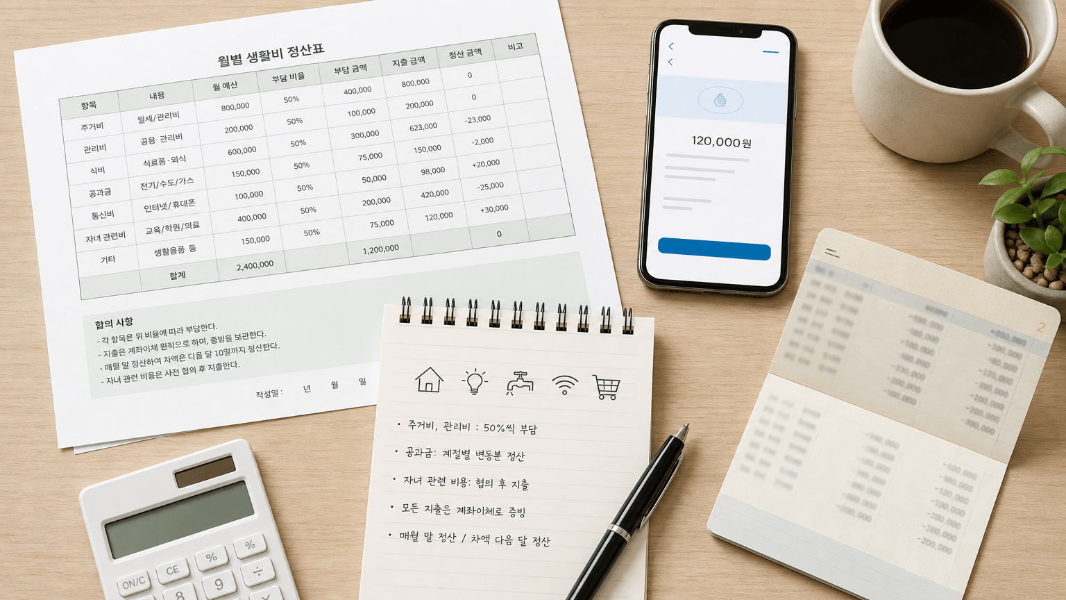 AI 생성 이미지 - 월별 생활비 정산표, 관리비 납부 캡처 예시, 계좌이체 메모 작성 예시