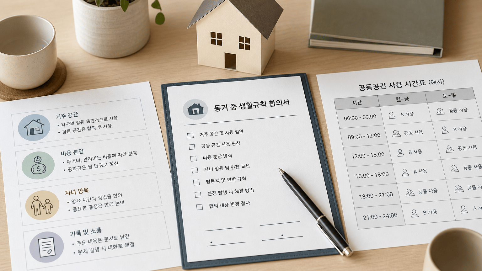 AI 생성 이미지 - 동거 중 생활규칙 합의서 예시, 공동공간 사용 시간표 예시를 넣으면 독자